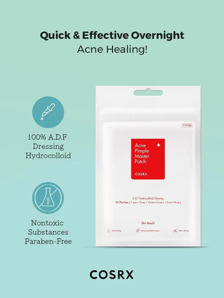 Hydrocolloid COSRX Pimple Patches heal pimples faster, prevent infection, and absorb oil. Get the best price & faster shipping at MercelBay—outperforming Amazon, Stylevana, YesStyle.