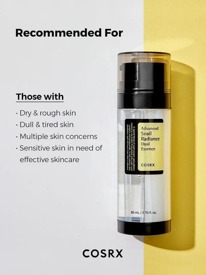 Dual-chamber design of COSRX Snail Radiance Dual Essence – Authentic Korean skincare packaging that surpasses Amazon & Walmart listings in freshness & innovation