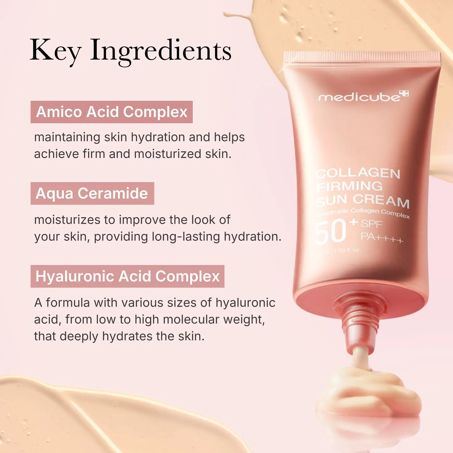 Medicube Collagen Firming Sun Cream SPF50+ PA++++ in a 50ml tube, designed for sun protection and skin-firming benefits with collagen boost
