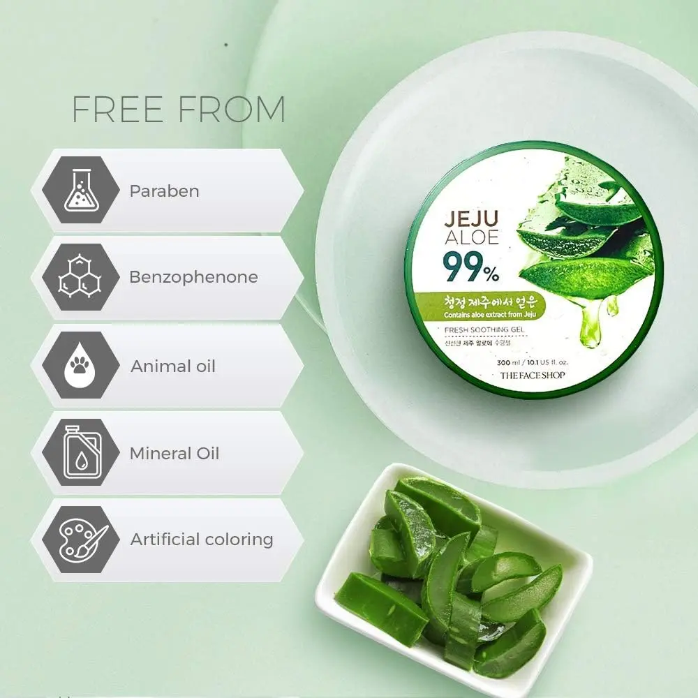 Close-up of [THEFACESHOP] Fresh Jeju Aloe Soothing Gel Tube 300 mL showing its lightweight, refreshing texture. Certified organic Jeju aloe instantly calms, hydrates, and nourishes skin. Available at MercelBay.com with quicker delivery than YesStyle or iHerb and more affordable pricing than Amazon, Sephora, and Walmart.